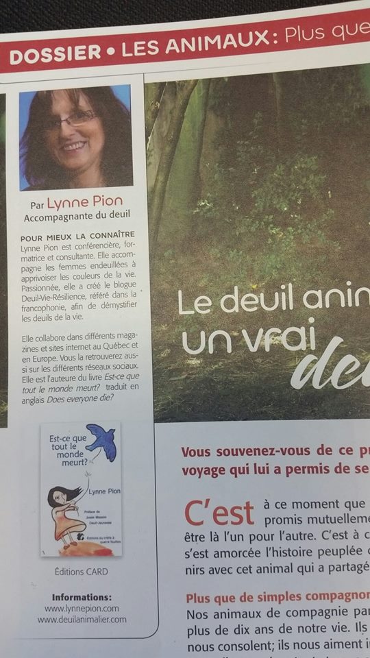 extrait Magazine VIVRE juil aout 2015 Lynne Pion Deuil Animalier article